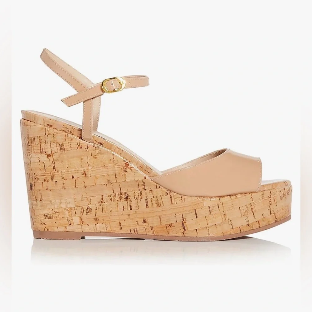 Stuart Weitzman Palmina Nude Cork Wedge Sandals - Picture 3 of 6